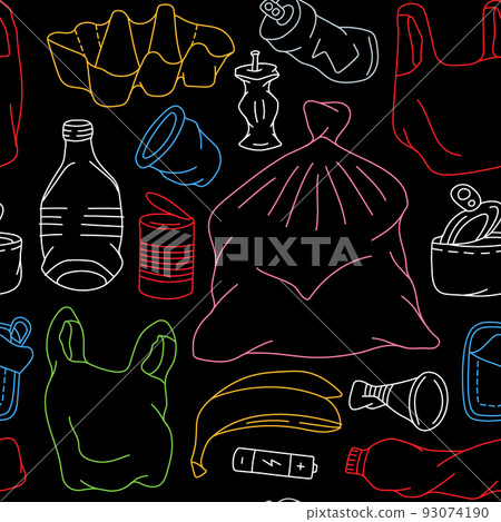 Hand drawn garbage pattern. Unsorted trash background. Background of garbage. Set of different types garbage. 93074190