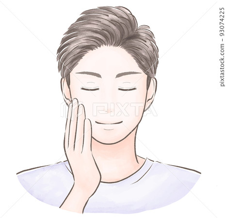 一隻手放在臉頰前面的短髮男子,閉著眼睛,水彩風格 一隻手放在臉頰前面的短髮男子,閉著眼睛,水彩風格 93074225