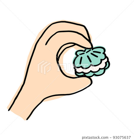 一隻手拿著淡藍色的通卡龍殼馬卡龍韓國糖果卡通 一隻手拿著淡藍色的通卡龍殼馬卡龍韓國糖果卡通 93075637