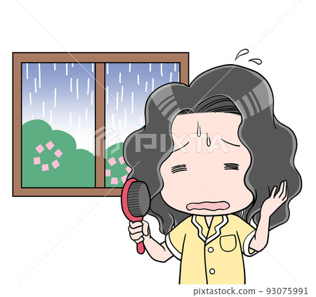 Curly-haired woman with wavy hair on a rainy day Curly-haired woman with wavy hair on a rainy day 93075991