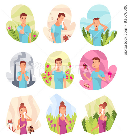 Allergic reactions concept. Symptoms of disease. Womans and mans with hypersensitivity and reaction of immune system. Neezes or blows nose in handkerchief Allergic reactions concept. Symptoms of disease. Womans and mans with hypersensitivity and reaction of immune system. Neezes or blows nose in handkerchief 93076006