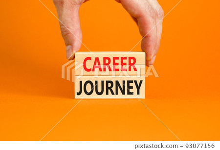 Career journey symbol. Concept words Career journey on wooden blocks on a beautiful orange table orange background. Businessman hand. Business Career journey concept. Copy space. Career journey symbol. Concept words Career journey on wooden blocks on a beautiful orange table orange background. Businessman hand. Business Career journey concept. Copy space. 93077156