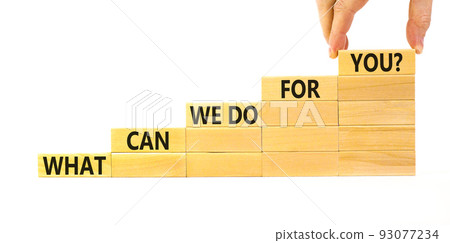 Support symbol. Concept words What can we do for you on wooden blocks on a beautiful white table white background. Businessman hand. Business motivational and support concept. Support symbol. Concept words What can we do for you on wooden blocks on a beautiful white table white background. Businessman hand. Business motivational and support concept. 93077234