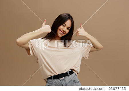 portrait woman in a beige T-shirt posing clothing fashion Lifestyle 93077435