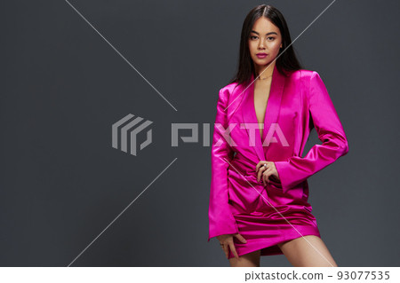 portrait woman in pink dress fashion makeup glamor Gray background portrait woman in pink dress fashion makeup glamor Gray background 93077535