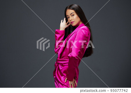 pretty woman bright makeup pink mini dress modern style isolated background 93077742
