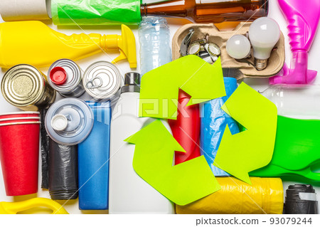 Eco concept with recycling symbol on table background top view Eco concept with recycling symbol on table background top view 93079244