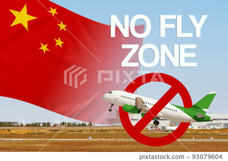 Airplane with forbidden sign and China flag. No fly zone in China 93079604