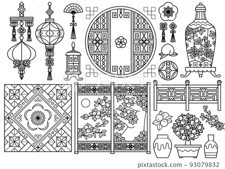 Chinese style ornaments illustration Chinese style design "line art (coloring line drawing)" lanterns, lanterns, peaches, pots, folding screens, fences 93079832