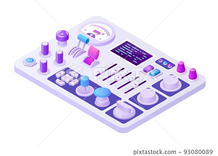 Isometric control panel. 3D analog retro machine for power supply control or radio broadcast adjusting with knobs buttons and toggles. Vector electric equipment illustration 93080089