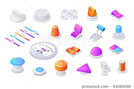 Isometric toggles. 3D switches, knobs, volume levels, sliders and switches for analog adjustment, control panel elements collection. Vector set Isometric toggles. 3D switches, knobs, volume levels, sliders and switches for analog adjustment, control panel elements collection. Vector set 93080090