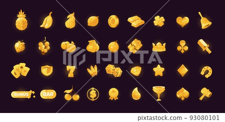 Gold slot icons. Cartoon online gambling and slot machine shiny winning symbols of fruits diamond heart star crown bell dollar sign. Vector retro 2D game asset 93080101