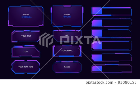 Game panel. Streaming overlay interface elements, futuristic monitor tabs and frames, live stream pop up window and tech message. Vector streamers soft layout set 93080153