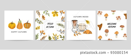 Autumn doodle posters. Greeting card and invitation for Thanksgiving day party mockup, minimalistic rural cozy symbols, fall vibes. Vector banners set 93080154
