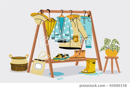 Autumn wardrobe. Fall seasonal clothes hanging on hanger rails, fashion cozy casual coats shoes and accessories. Vector warm winter clothes on racks illustration Autumn wardrobe. Fall seasonal clothes hanging on hanger rails, fashion cozy casual coats shoes and accessories. Vector warm winter clothes on racks illustration 93080156