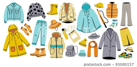 Autumn clothing. Doodle seasonal warm wearing and accessories, cozy sweater coat and pants, waterproof and rain boots. Vector fashion isolated set Autumn clothing. Doodle seasonal warm wearing and accessories, cozy sweater coat and pants, waterproof and rain boots. Vector fashion isolated set 93080157