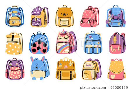 School backpack. Cartoon colorful kids bag for school stationery and supplies, elementary and middle school equipment for books. Vector education accessories set 93080159