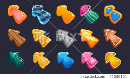 Cartoon game cursors. Click arrows and pointer interface icons of different shapes and materials. Vector 2D game sprite asset of pointing GUI symbols Cartoon game cursors. Click arrows and pointer interface icons of different shapes and materials. Vector 2D game sprite asset of pointing GUI symbols 93080161