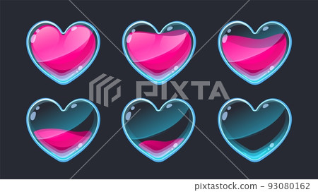 Heart animation UI. Empty to full 2D game life sprite asset for health indication GUI, web app and mobile game interface symbol graphic design. Vector set 93080162