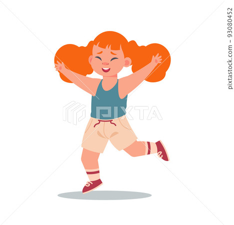 Happy girl. Cartoon child jumping, smiling and laughing kid, school friendship, redhead pupil waving hand, positive people, dancing character active pose vector isolated illustration Happy girl. Cartoon child jumping, smiling and laughing kid, school friendship, redhead pupil waving hand, positive people, dancing character active pose vector isolated illustration 93080452