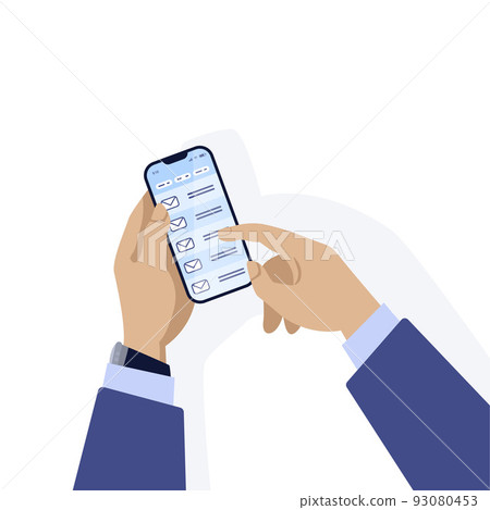 Hands hold smartphone. Top view. Cartoon character reading mail on phone. Online communication, device screen with text application, vector gadget isolated minimal illustration Hands hold smartphone. Top view. Cartoon character reading mail on phone. Online communication, device screen with text application, vector gadget isolated minimal illustration 93080453