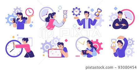 People planning work. Time management. Productive persons organize tasks. Efficient man with clock. Office characters scheduling. Deadline and agenda. Watch dial. Vector collection People planning work. Time management. Productive persons organize tasks. Efficient man with clock. Office characters scheduling. Deadline and agenda. Watch dial. Vector collection 93080454