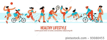 Healthy lifestyle. People sport life. Human health characters. Family with child in outdoor workout. Men and women doing exercises. Active games and training. Vector pattern background 93080455