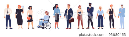Business characters. Standing women or men. Diverse people. Office employee in suit. Company workers. Colleagues work team. Corporate staff. Disabled manager. Vector isolated persons set 93080463