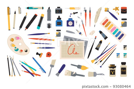 Sketchbook tools. Painter accessories collection. Stationery drawing kit. Artistic craft or calligraphy. Ink pen or brush. Isolated paint palette. Paintbrush and pencil. Vector illustration 93080464
