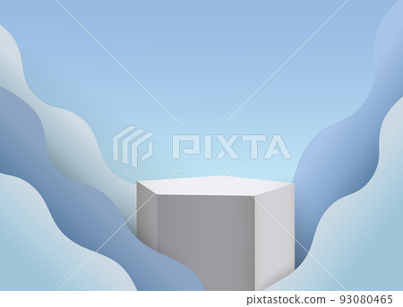 3d background, studio podium, product platform for presentation. Pedestal stage, display render, minimal scene, blue waves with shadows on backdrop. Minimal design mockup. Vector abstract shapes 93080465