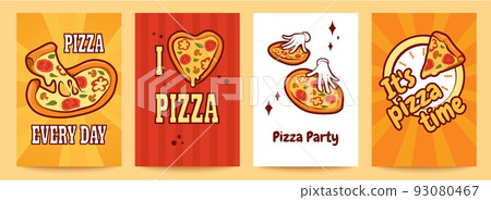 Fun pizza posters set. Social media and menu template with street food, lunch in restaurant or cafe. Kitchen decoration. Cards with creative phrases. Vector illustration banners 93080467