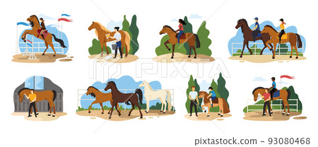 Equestrian ride horse. Girl rider stallion horseback on farm. Man and child with pony. Jockey training with instructor at hippodrome. Racehorse ranch. Equine sport. Vector illustration set Equestrian ride horse. Girl rider stallion horseback on farm. Man and child with pony. Jockey training with instructor at hippodrome. Racehorse ranch. Equine sport. Vector illustration set 93080468