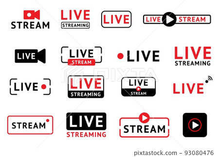 Live stream. Lower broadcast icon. For third news. Overlay TV text. Modern music bar. Video show. Online streaming stickers. Network technology. Media channel label. Vector symbols set 93080476