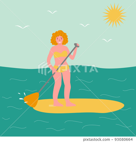 Young smiling woman standing up on paddle board, surfing in ocean or sea, vector 93080664