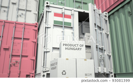 Boxes with goods from Hungary and cargo containers. National economy related conceptual 3D rendering 93081399