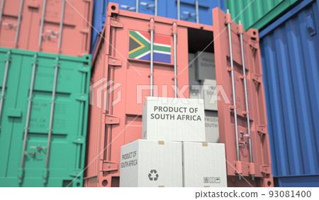 Cargo containers and boxes with products from South Africa. National industry related conceptual 3D rendering 93081400