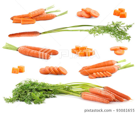 Set of fresh ripe carrots on white background Set of fresh ripe carrots on white background 93081655