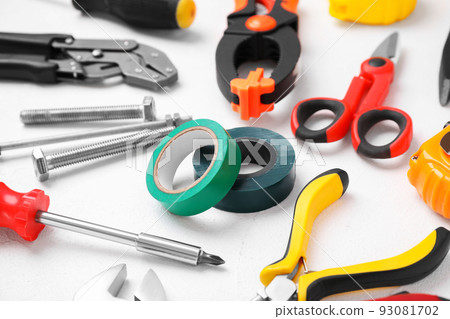Different construction tools on white background, closeup 93081702