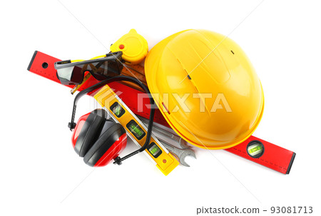 Different construction tools isolated on white, top view 93081713