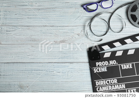 Flat lay composition with clapperboard, cinema reel and 3d glasses on white wooden table, space for text Flat lay composition with clapperboard, cinema reel and 3d glasses on white wooden table, space for text 93081750