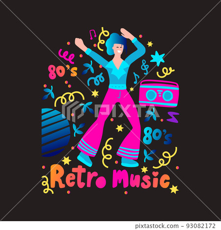 Disco party 70s 80s. Man dance retro party black poster 93082172