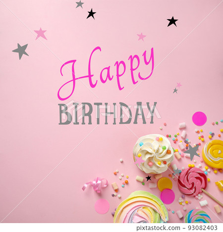 Flat lay composition with confectionery on pink background. Happy Birthday Flat lay composition with confectionery on pink background. Happy Birthday 93082403