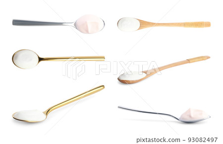 Set of delicious natural yogurt on white background 93082497