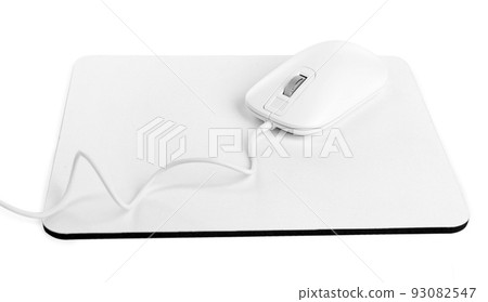 Modern wired optical mouse and pad isolated on white Modern wired optical mouse and pad isolated on white 93082547