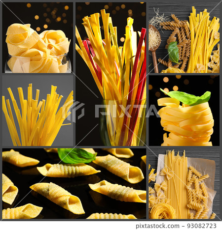 Different types of uncooked pasta. Photo collage 93082723