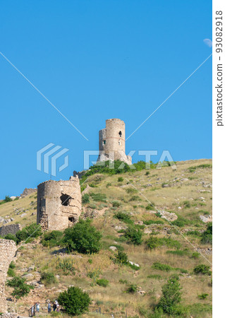 Crimea balaklava bay flying cembalo fortress balaclava mountain nature sea, concept sky summer for travel for beautiful blue, coast seascape. Embankment stone panoramic, 93082918