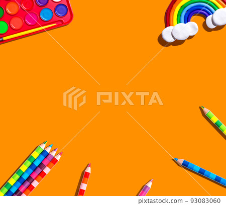 Art supplies with a rainbow - flat lay Art supplies with a rainbow - flat lay 93083060