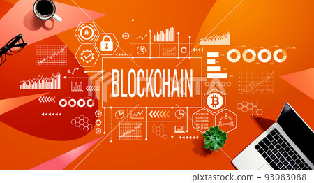 Blockchain theme with a laptop computer Blockchain theme with a laptop computer 93083088