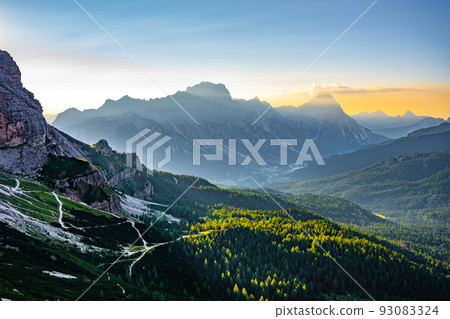 Dolomites panoramic view at morning sunrise time 93083324