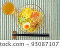 Chilled Chinese noodles _ Horizontal photo _ Bird's-eye view composition _ Bamboo mat background _ Tea chopsticks accessories 93087107